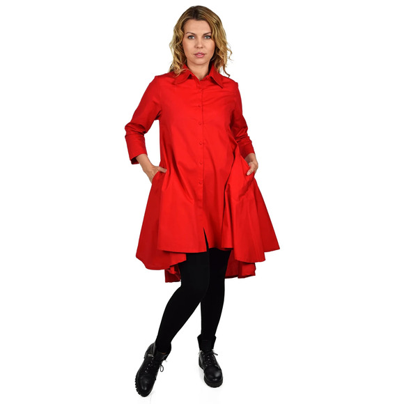 Womens Red Lagenlook Avant Garde Bustle Button Front A Line Swing Shirt Dress - Picture 1 of 13